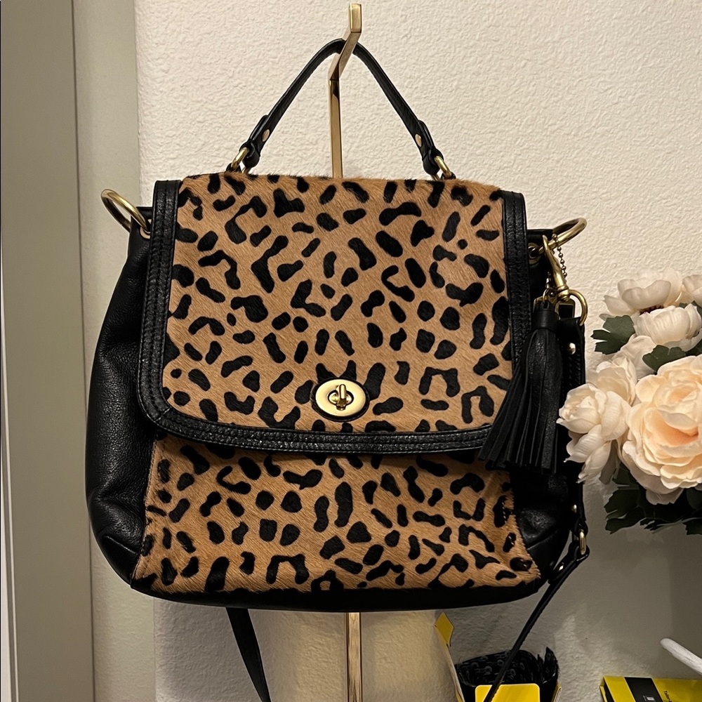 Coach Leopard  Pony-hair top handle shoulder strap with  and gold hardware. - Picture 9 of 10